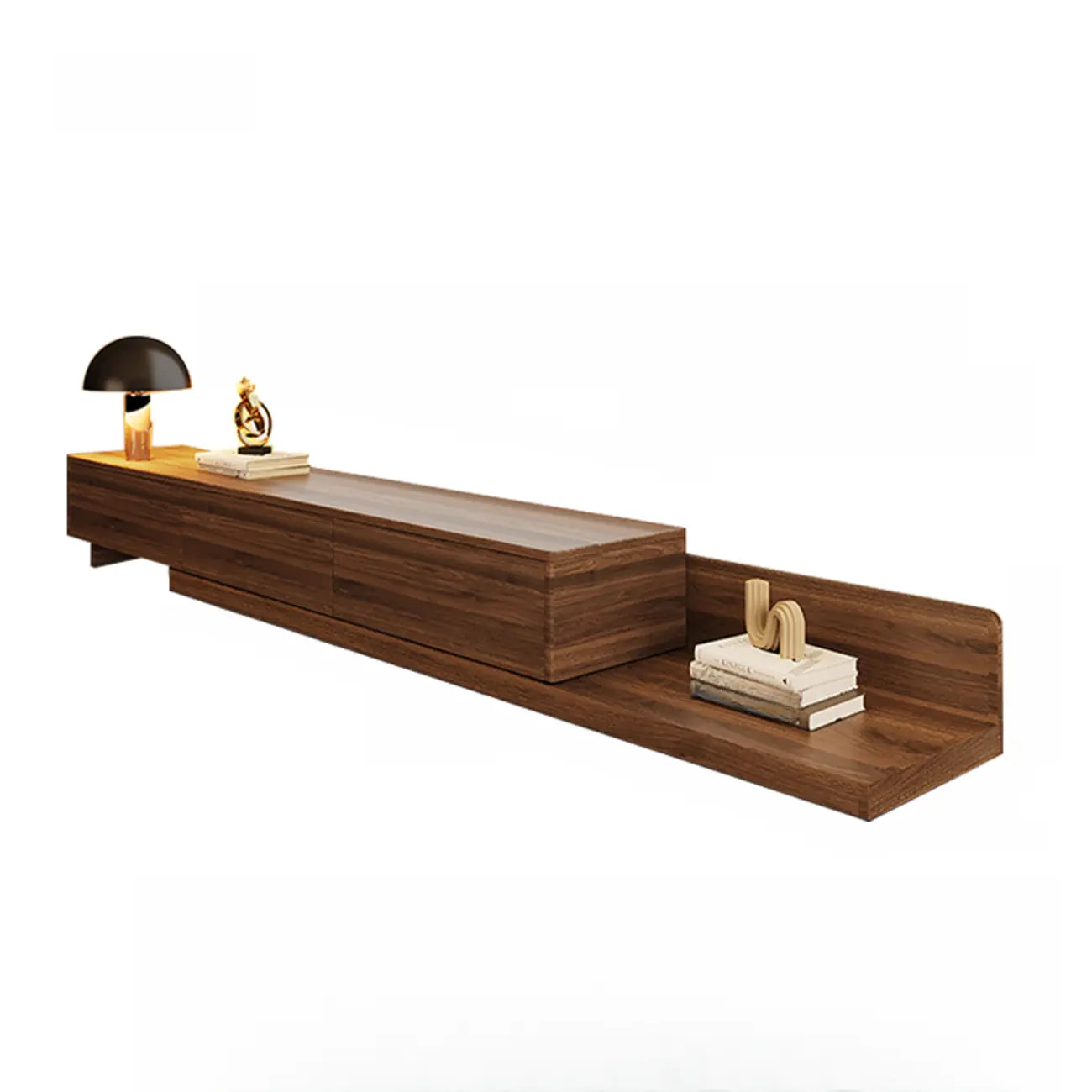 Meuble TV moderne en bois avec rangement ouvert et système de gestion des câbles