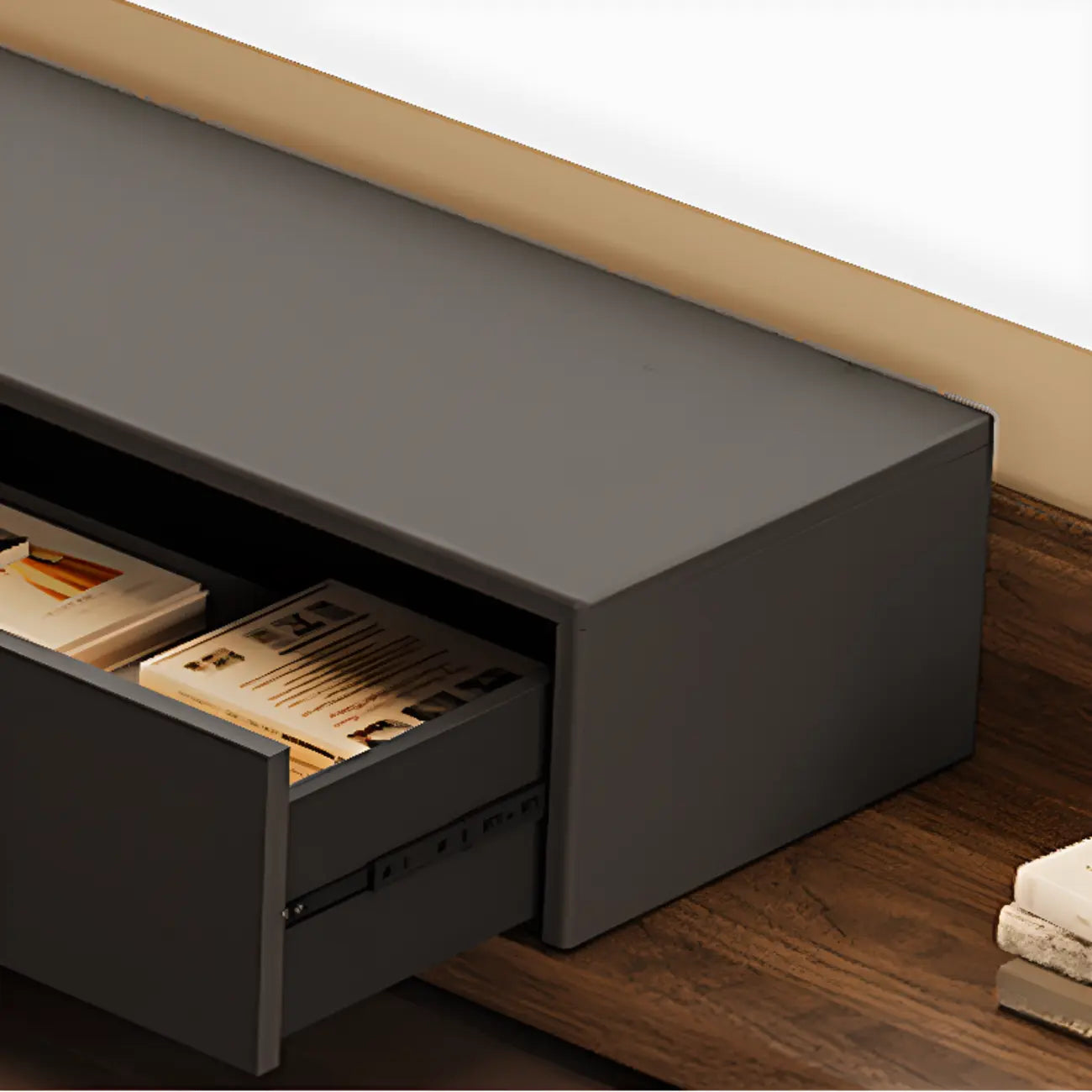 Meuble TV moderne en bois avec rangement ouvert et système de gestion des câbles