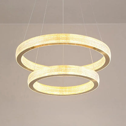 Lustre glamour doré à double anneau en cristal et LED LED