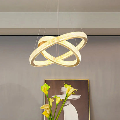 Lustre glamour doré à double anneau en cristal et LED LED