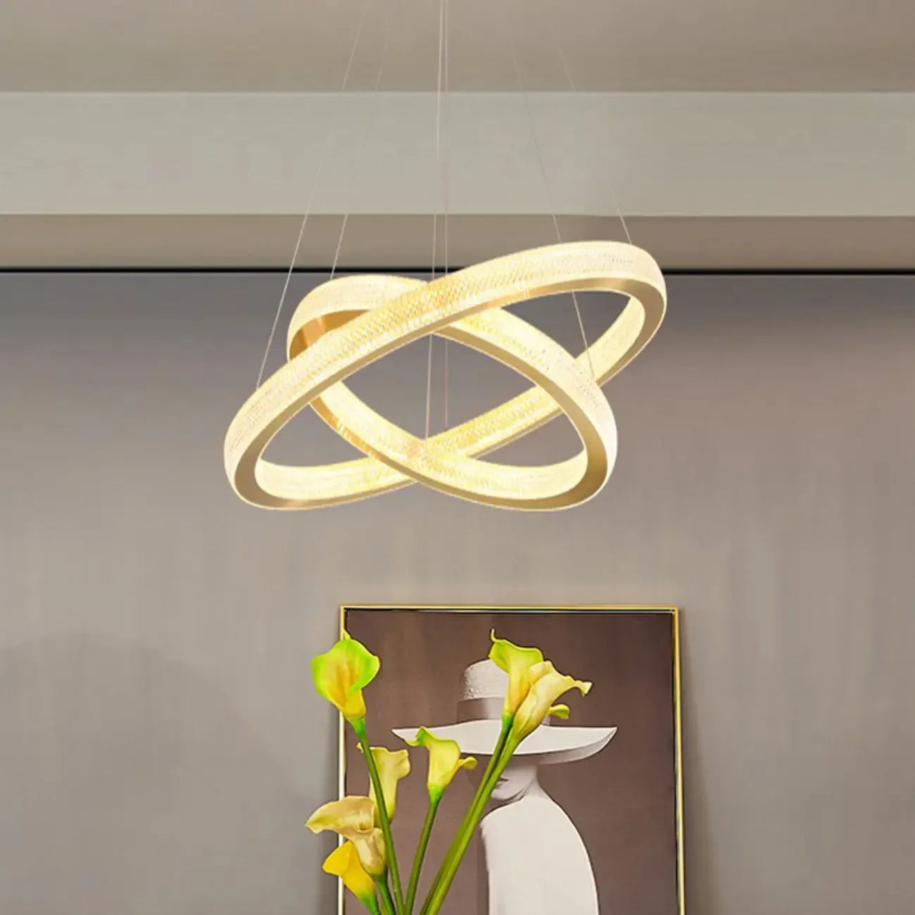 Lustre glamour doré à double anneau en cristal et LED LED