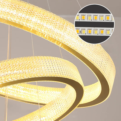 Lustre glamour doré à double anneau en cristal et LED LED