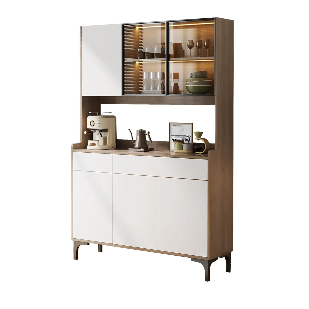 Grand buffet en bois avec portes vitrées et étagère supérieure