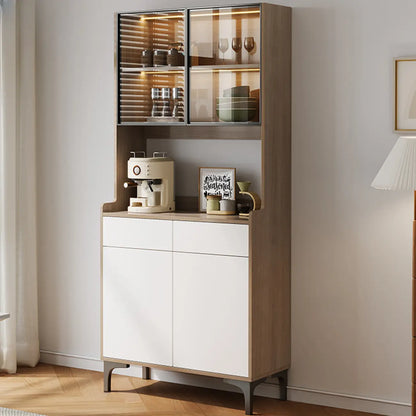 Grand buffet en bois avec portes vitrées et étagère supérieure