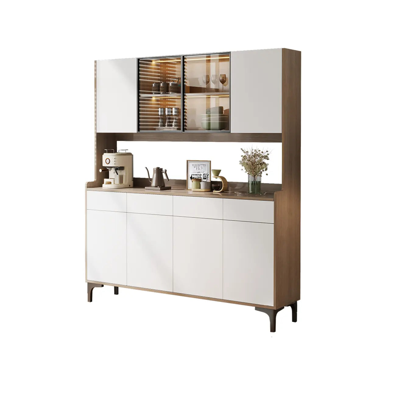 Grand buffet en bois avec portes vitrées et étagère supérieure