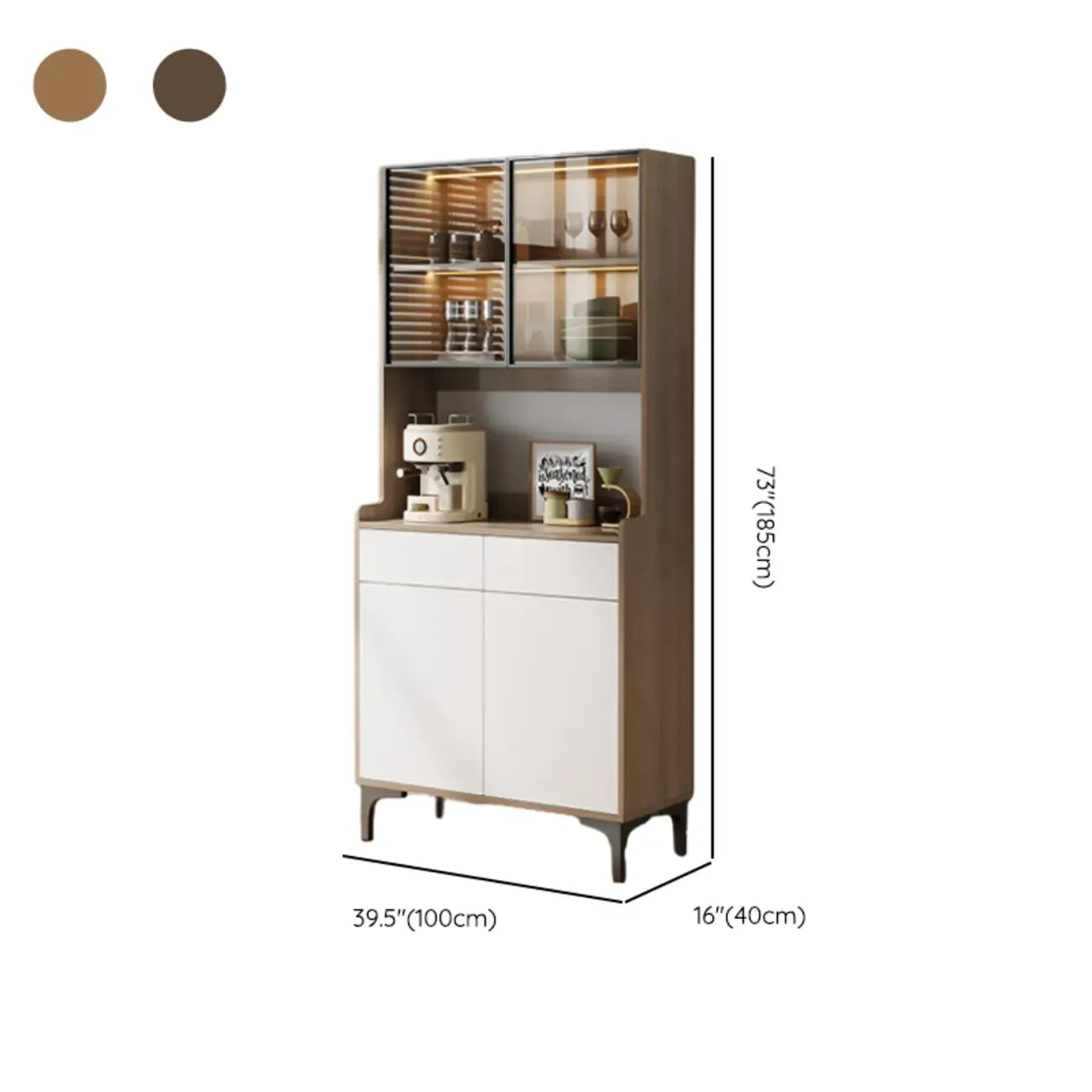 Grand buffet en bois avec portes vitrées et étagère supérieure