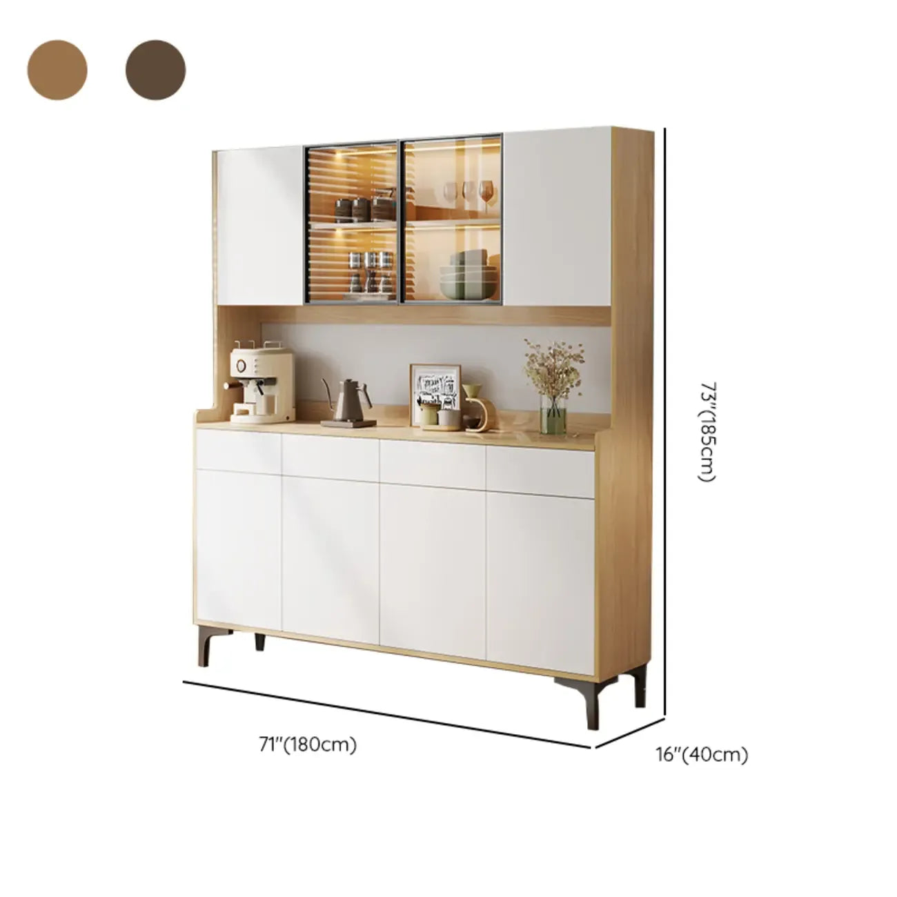 Grand buffet en bois avec portes vitrées et étagère supérieure