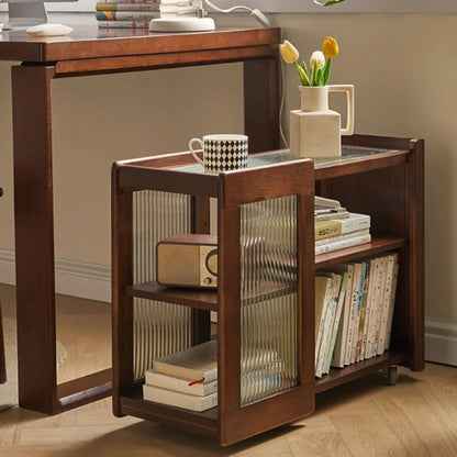 Table d'appoint pivotante rectangulaire vintage en bois avec plateau en verre