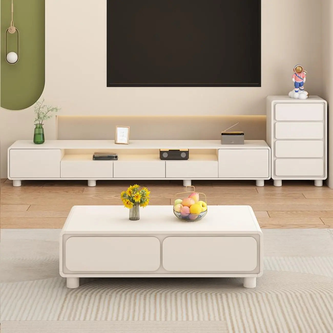 Meuble TV moderne en bois blanc avec tiroirs et placards