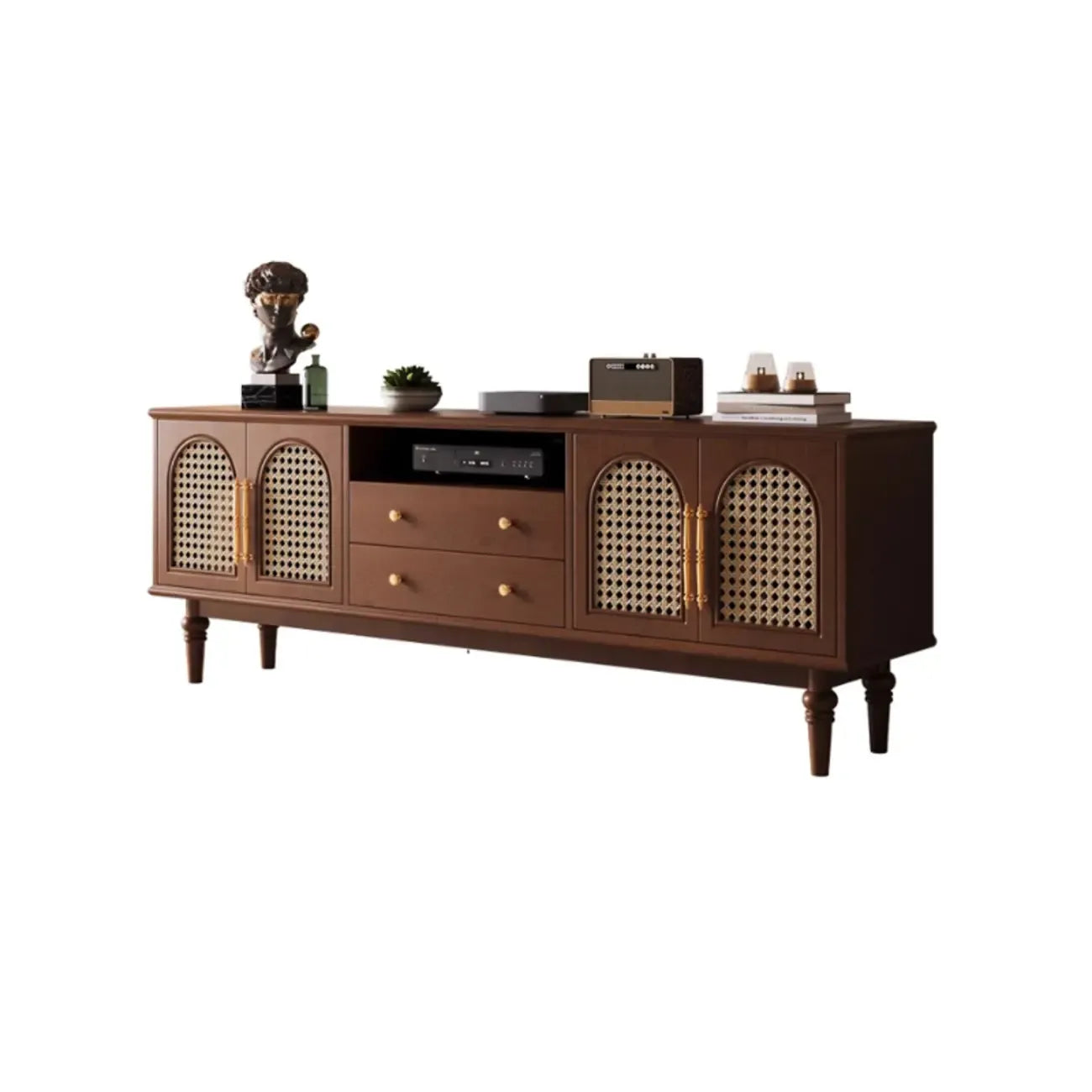 Meuble TV traditionnel long en bois noir avec portes en rotin