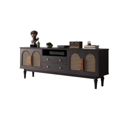 Meuble TV traditionnel long en bois noir avec portes en rotin