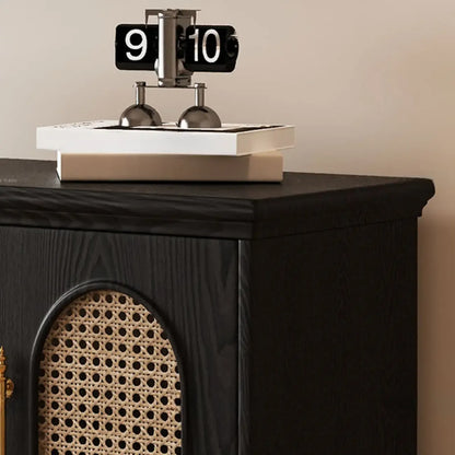 Meuble TV traditionnel long en bois noir avec portes en rotin