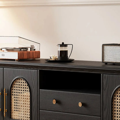 Meuble TV traditionnel long en bois noir avec portes en rotin