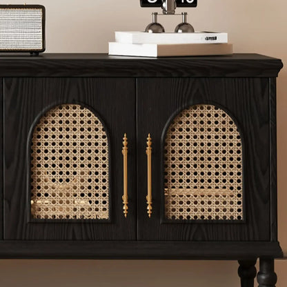 Meuble TV traditionnel long en bois noir avec portes en rotin