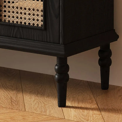 Meuble TV traditionnel long en bois noir avec portes en rotin