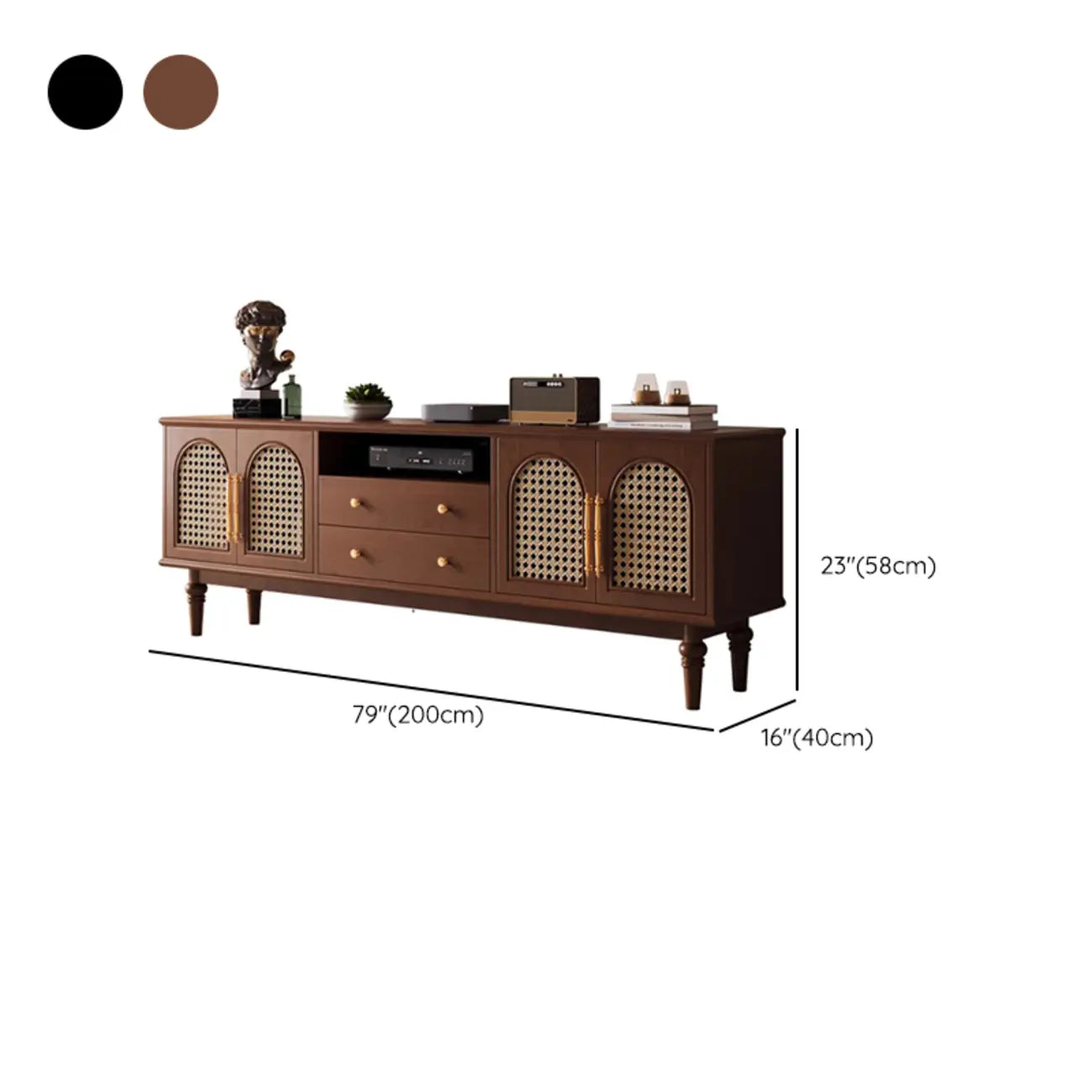 Meuble TV traditionnel long en bois noir avec portes en rotin