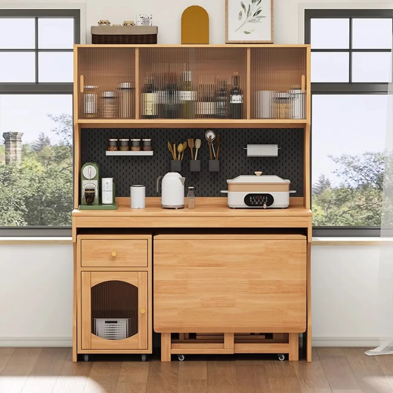 Buffet de cuisine mobile en bois naturel avec portes