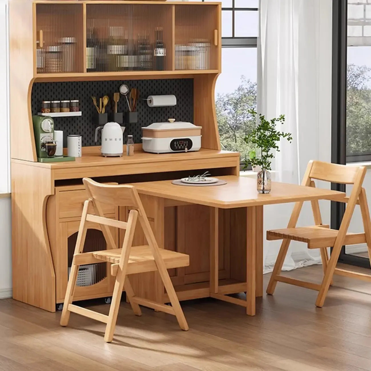 Buffet de cuisine mobile en bois naturel avec portes
