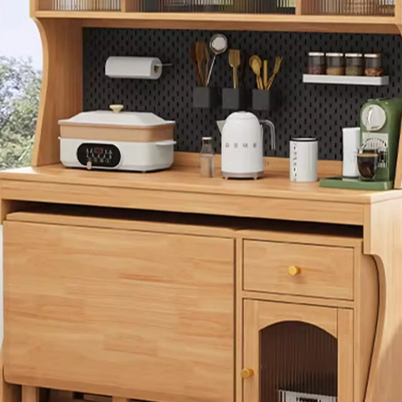 Buffet de cuisine mobile en bois naturel avec portes