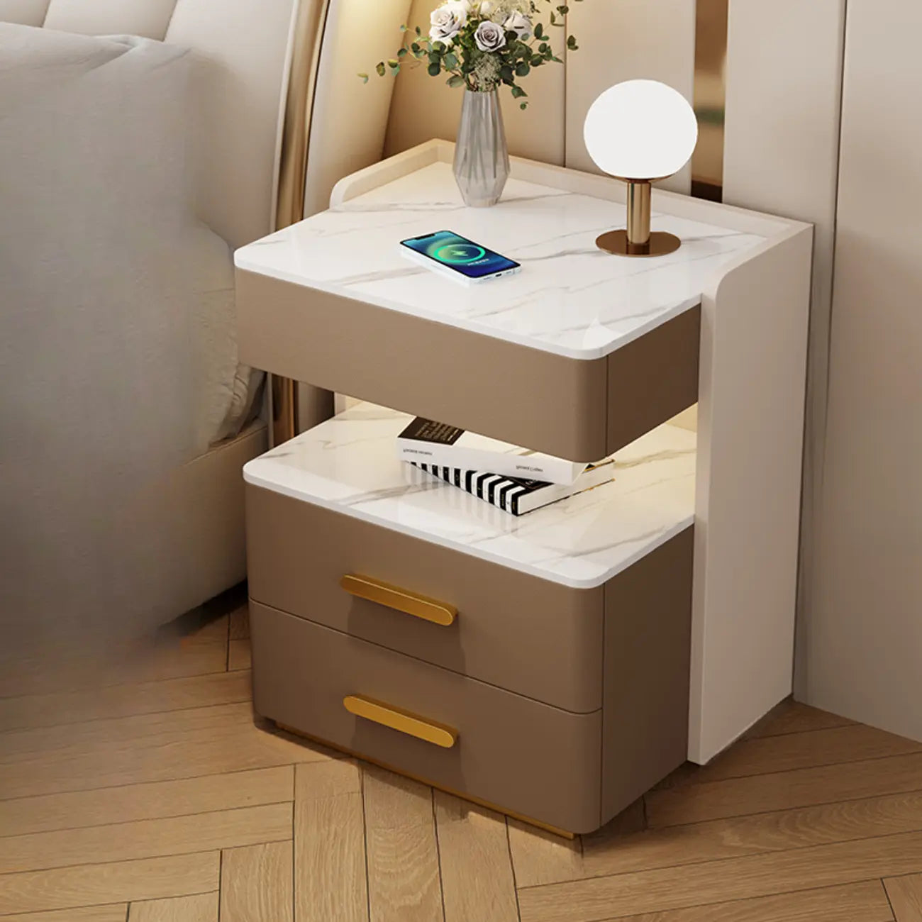 Table de chevet avec tiroir de rangement et chargeur sans fil LED