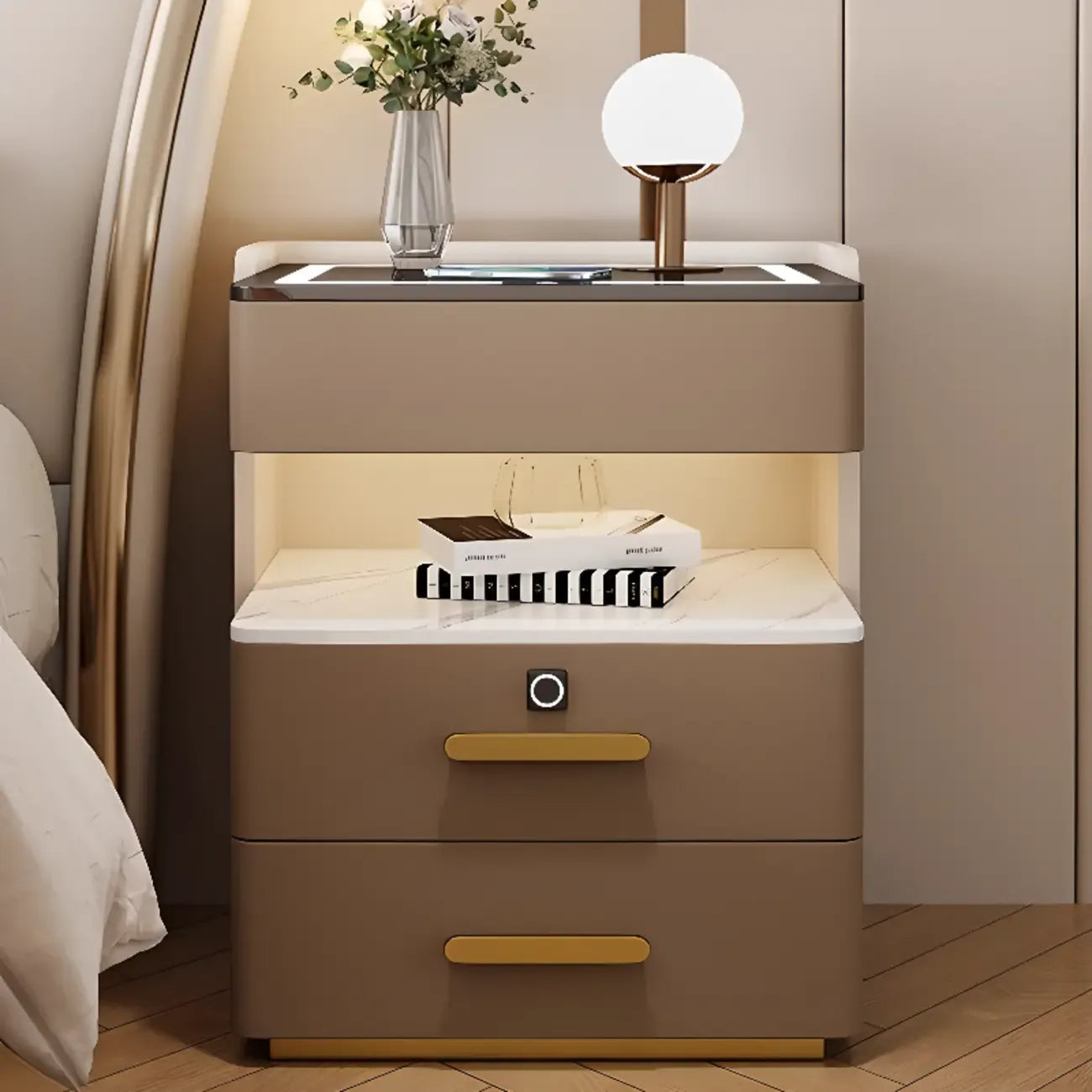 Table de chevet avec tiroir de rangement et chargeur sans fil LED