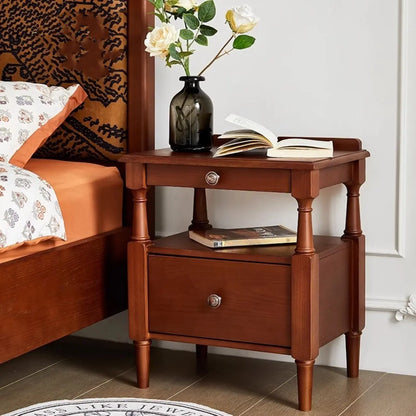 Table de chevet en bois noir à 2 tiroirs, style campagne française