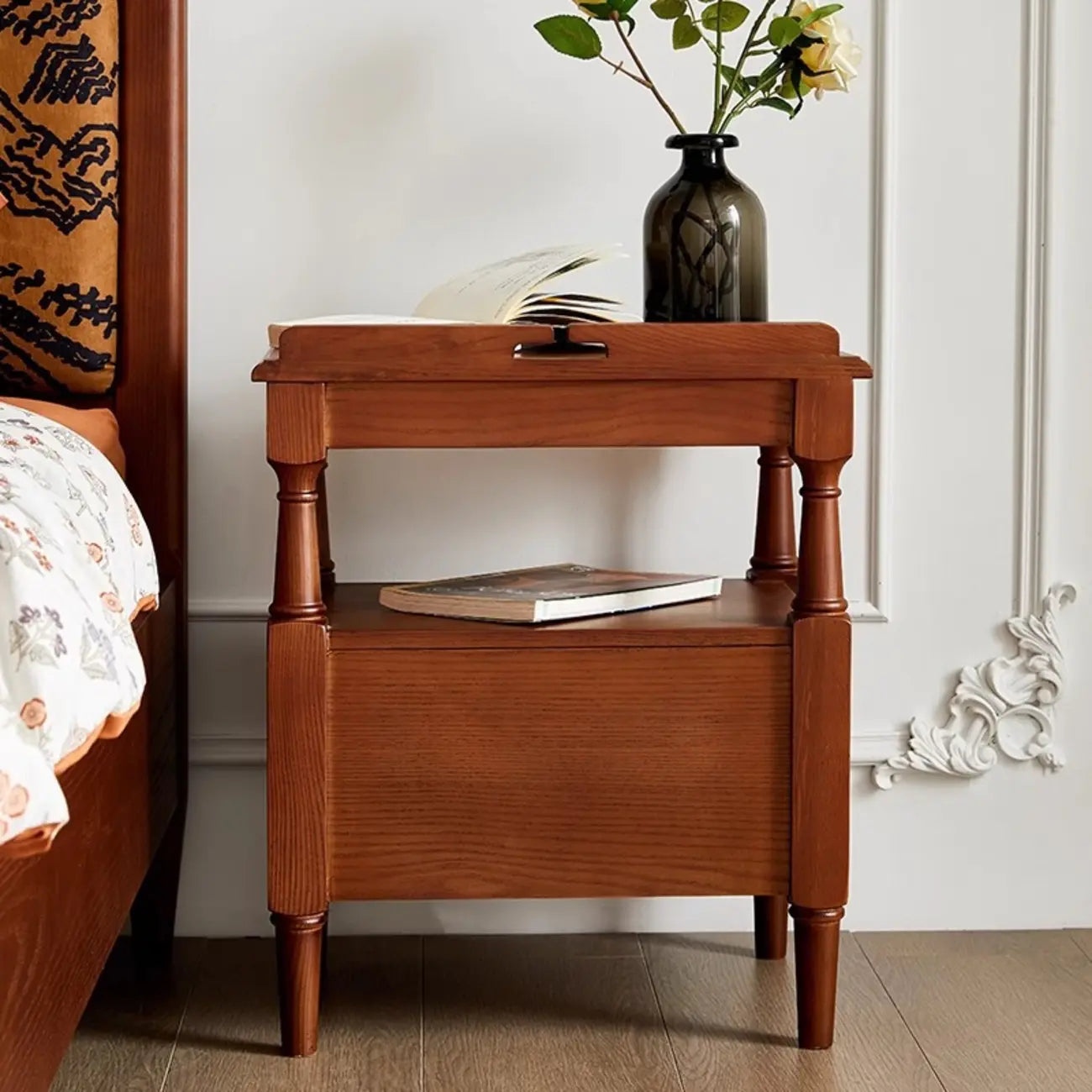Table de chevet en bois noir à 2 tiroirs, style campagne française