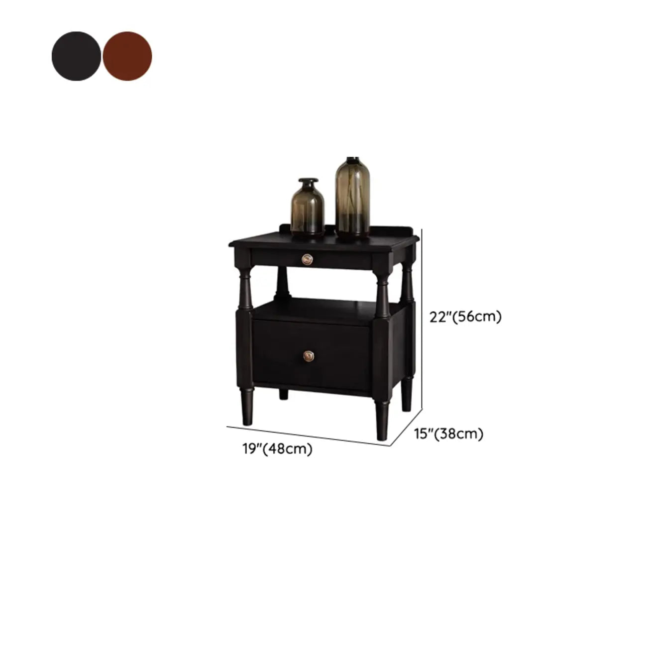 Table de chevet en bois noir à 2 tiroirs, style campagne française