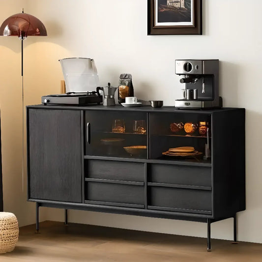 Buffet en bois noir avec porte coulissante, 4 tiroirs et éclairage intégré