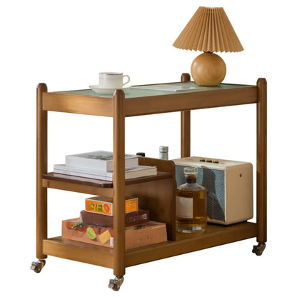 Table d'appoint rectangulaire large avec plateau en verre brun noisette et roulettes