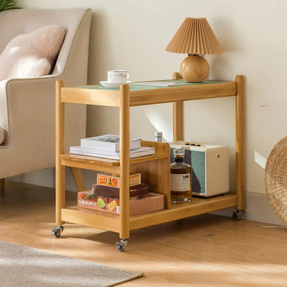 Table d'appoint rectangulaire large avec plateau en verre brun noisette et roulettes