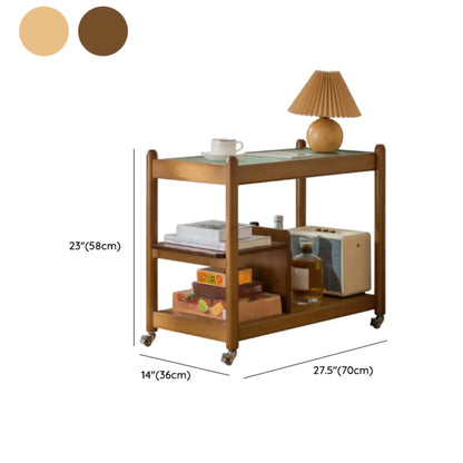 Table d'appoint rectangulaire large avec plateau en verre brun noisette et roulettes