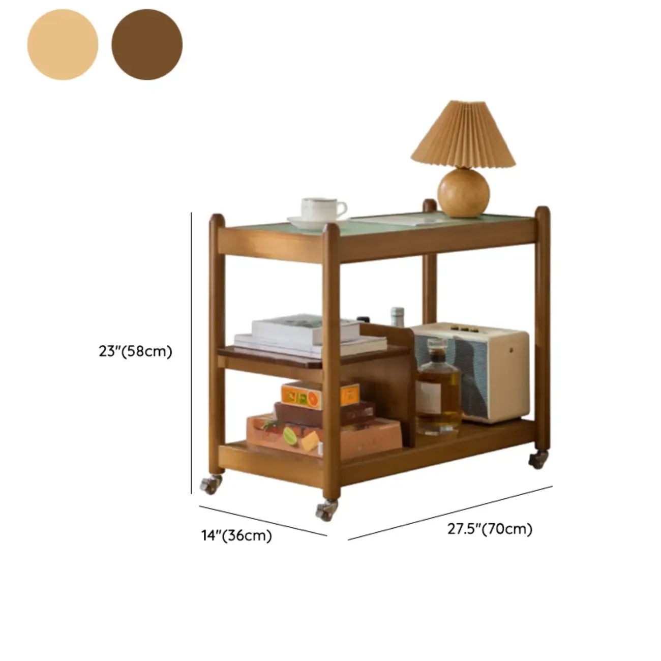 Table d'appoint rectangulaire large avec plateau en verre brun noisette et roulettes