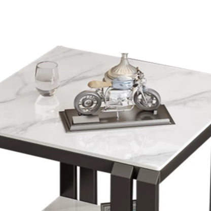 Table d'appoint carrée à deux niveaux, plateau en pierre, structure en métal doré et noir