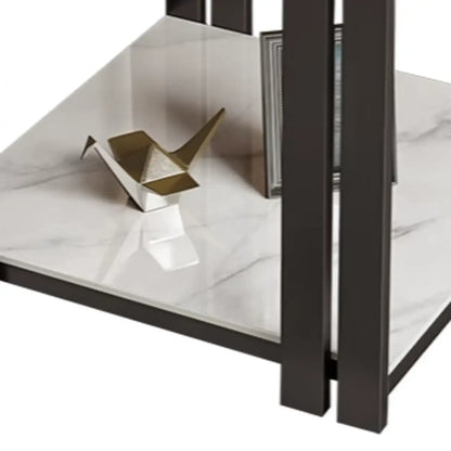 Table d'appoint carrée à deux niveaux, plateau en pierre, structure en métal doré et noir