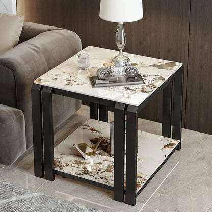 Table d'appoint carrée à deux niveaux, plateau en pierre, structure en métal doré et noir