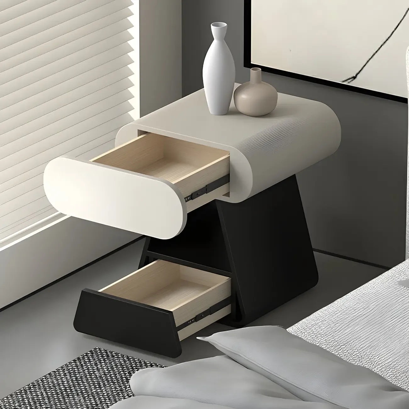 Table de chevet rectangulaire simple en bois noir et blanc à 2 tiroirs