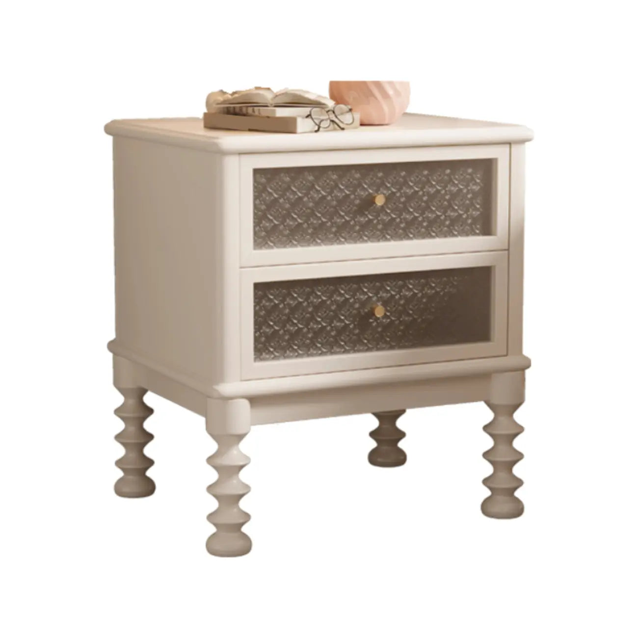 Table de chevet vintage en bois massif avec tiroirs et finition à motifs