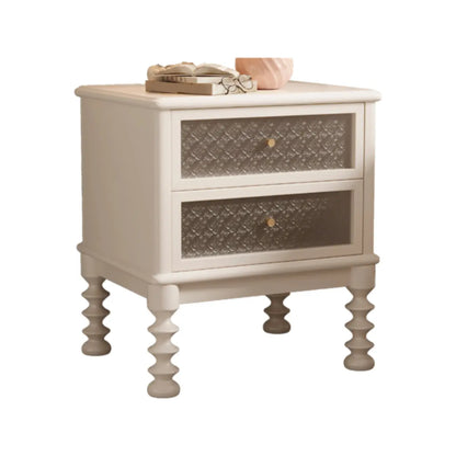 Table de chevet vintage en bois massif avec tiroirs et finition à motifs