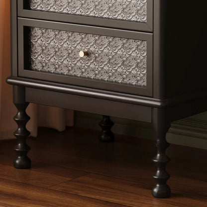 Table de chevet vintage en bois massif avec tiroirs et finition à motifs