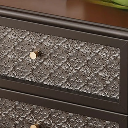 Table de chevet vintage en bois massif avec tiroirs et finition à motifs