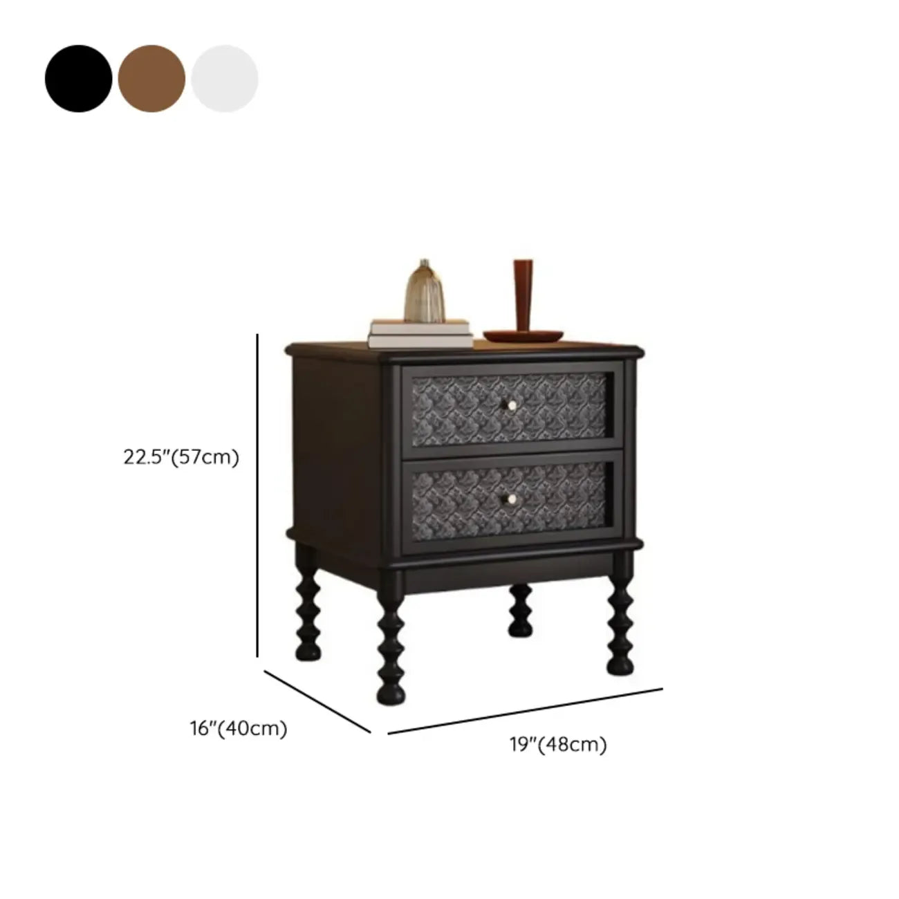 Table de chevet vintage en bois massif avec tiroirs et finition à motifs