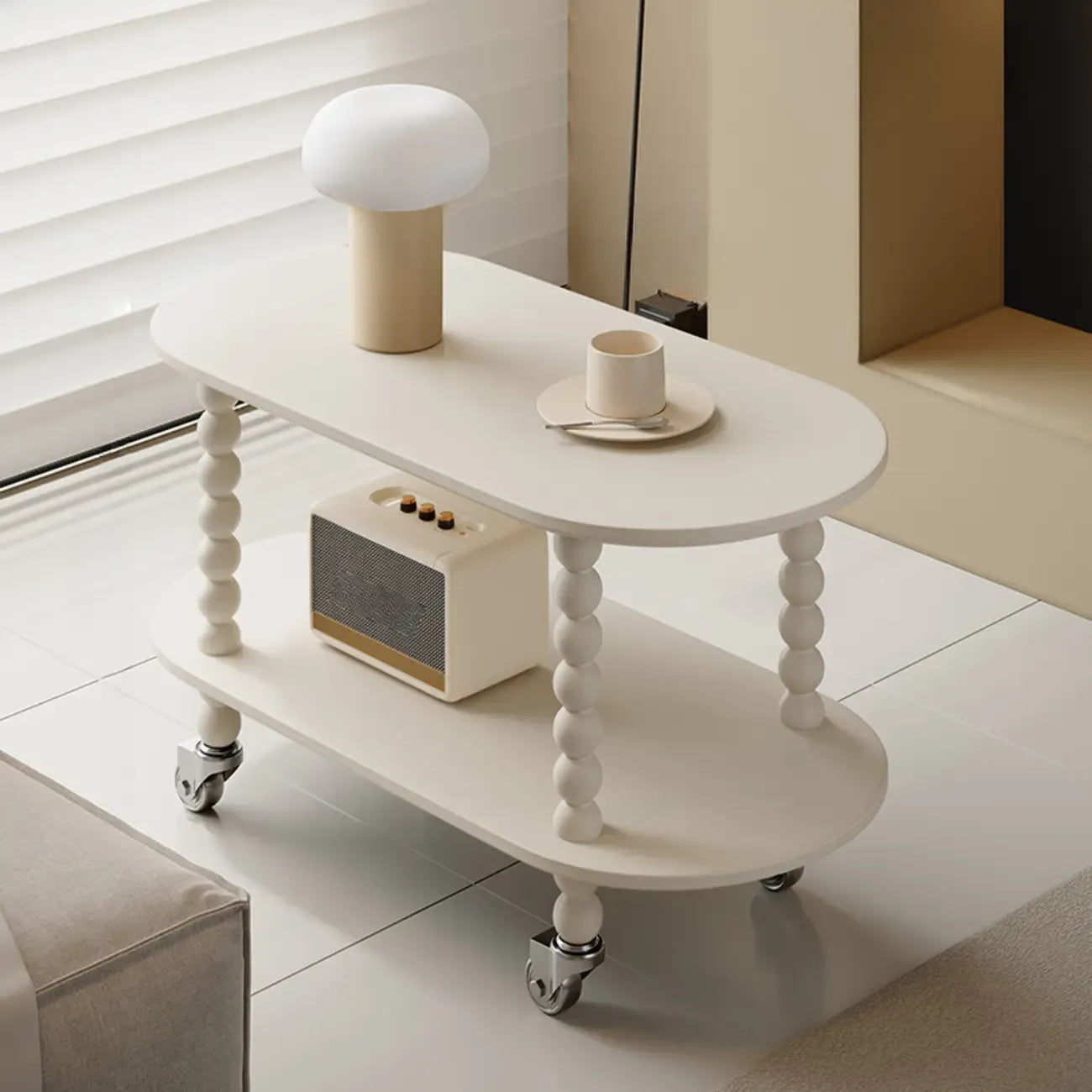 Table d'appoint roulante ovale noire en bois à 2 niveaux avec rangement