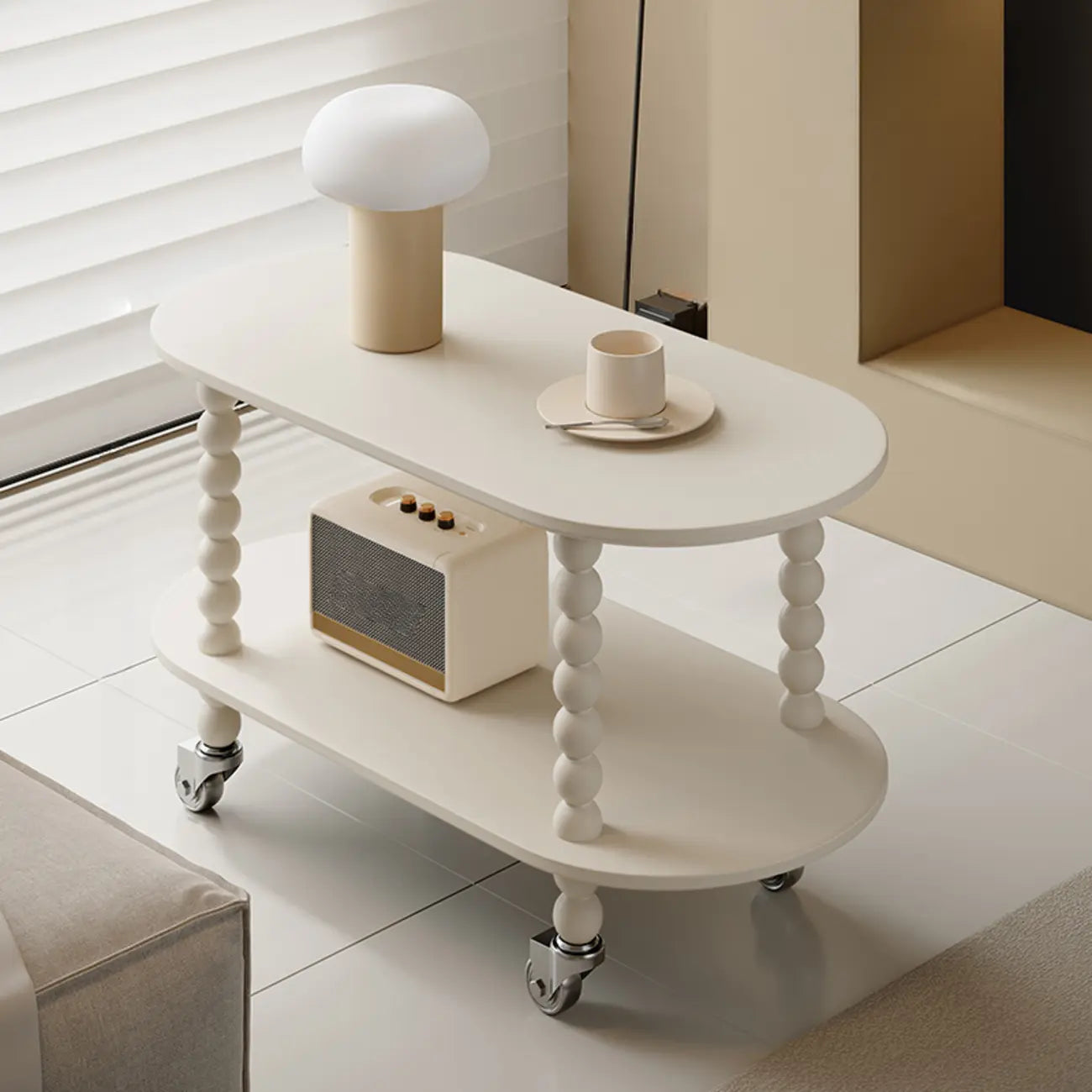 Table d'appoint roulante ovale noire en bois à 2 niveaux avec rangement