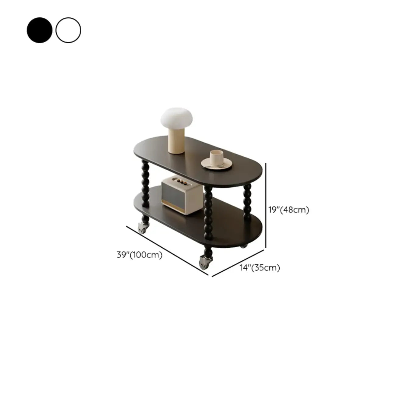 Table d'appoint roulante ovale noire en bois à 2 niveaux avec rangement
