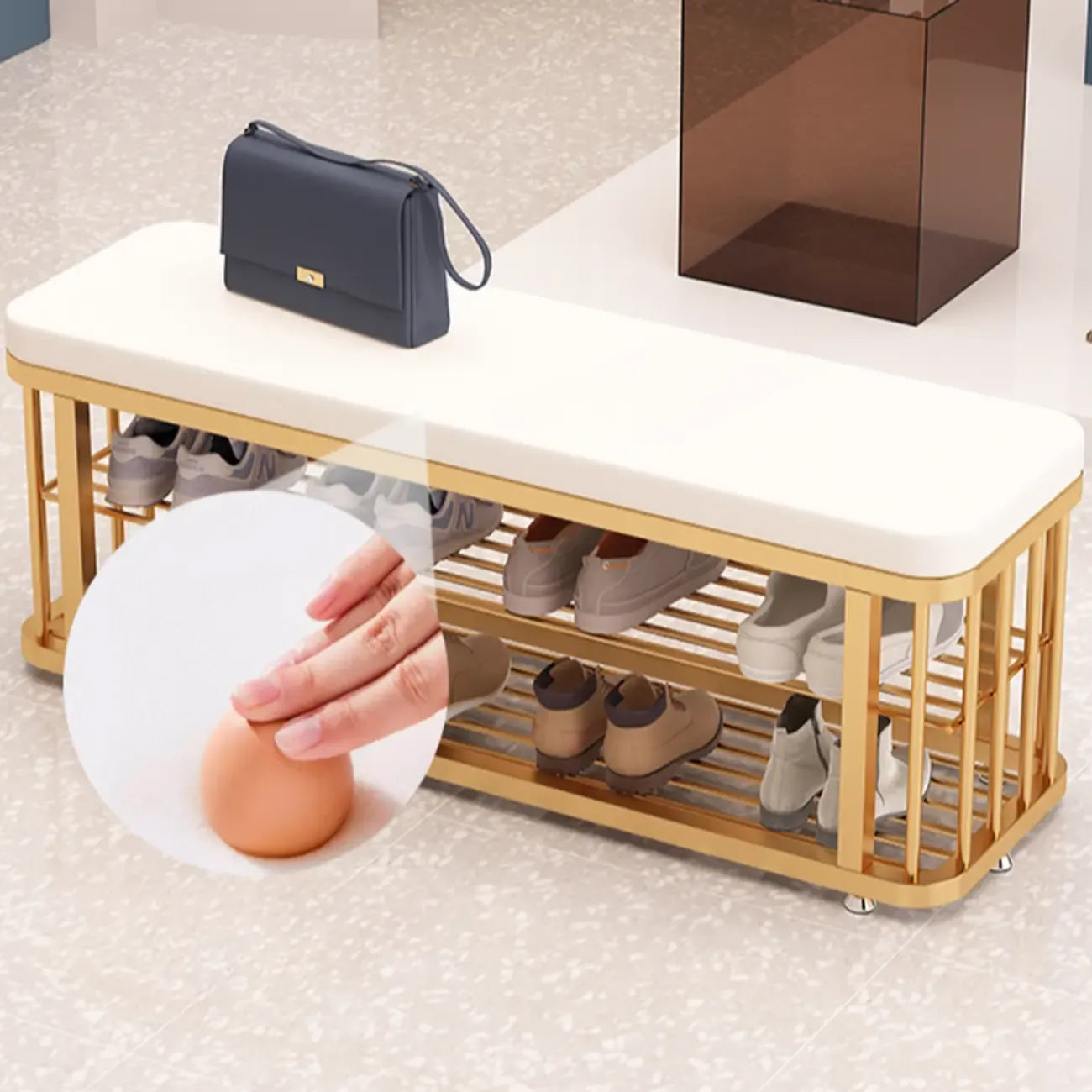 Banc de rangement capitonné en métal doré glamour pour entrée