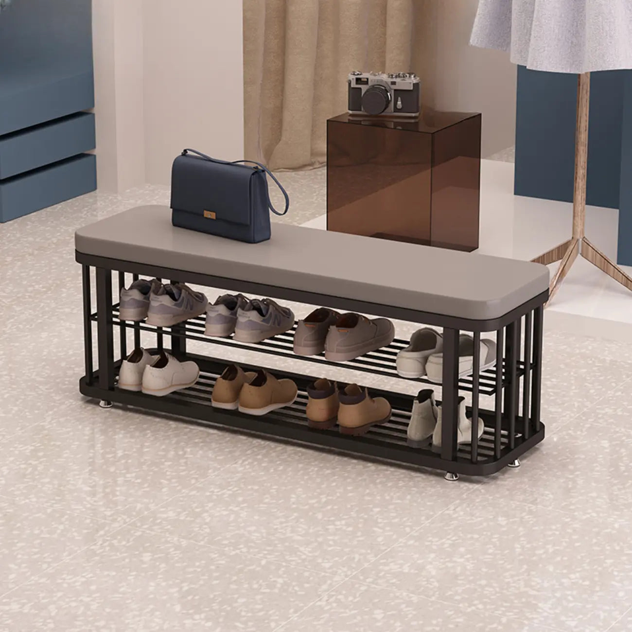 Banc de rangement capitonné en métal doré glamour pour entrée