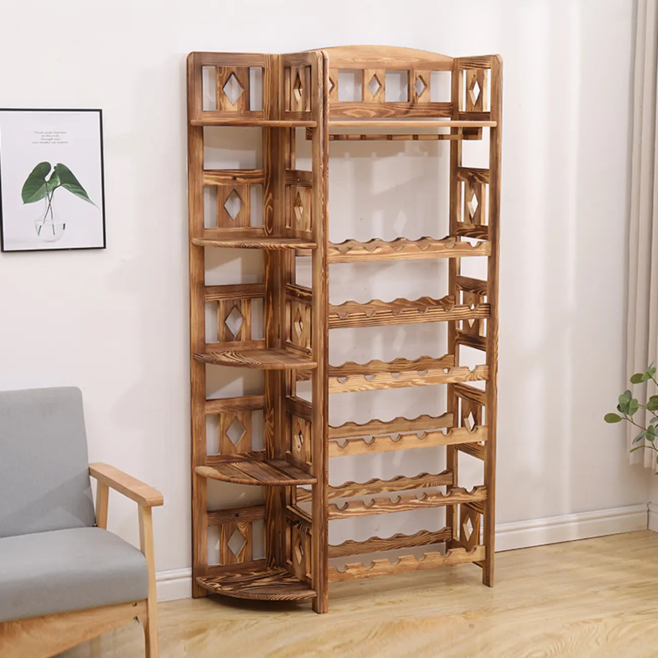 Casier à vin autoportant en pin avec étagère porte-verres