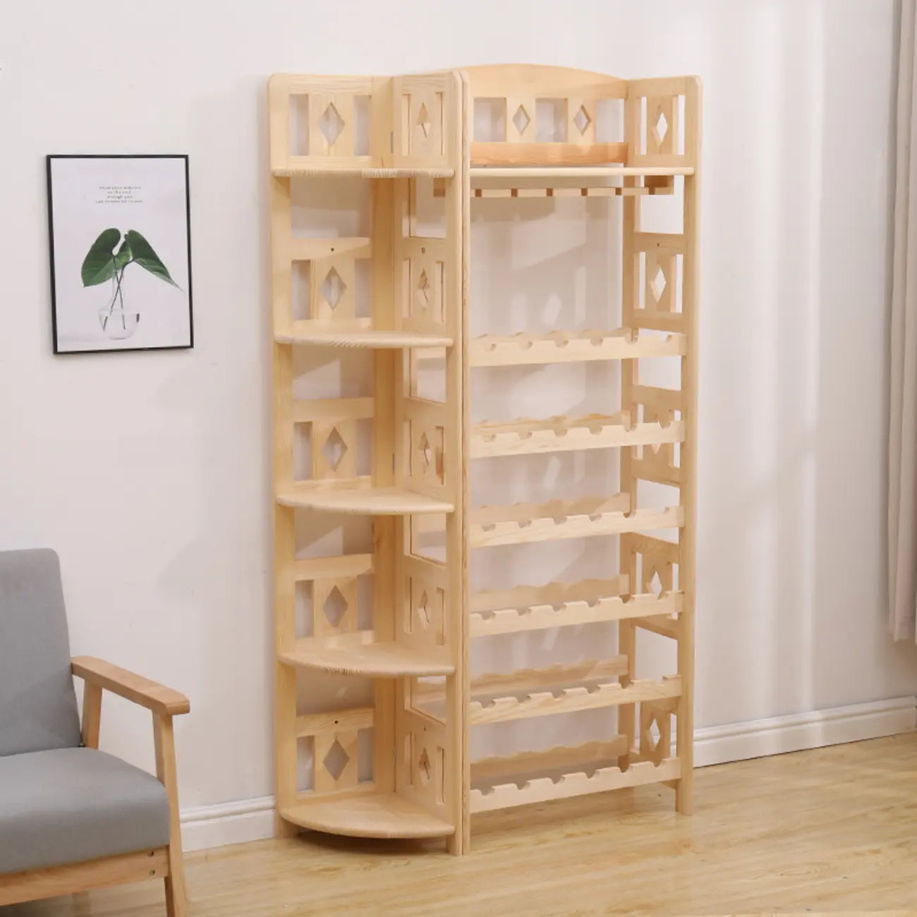 Casier à vin autoportant en pin avec étagère porte-verres