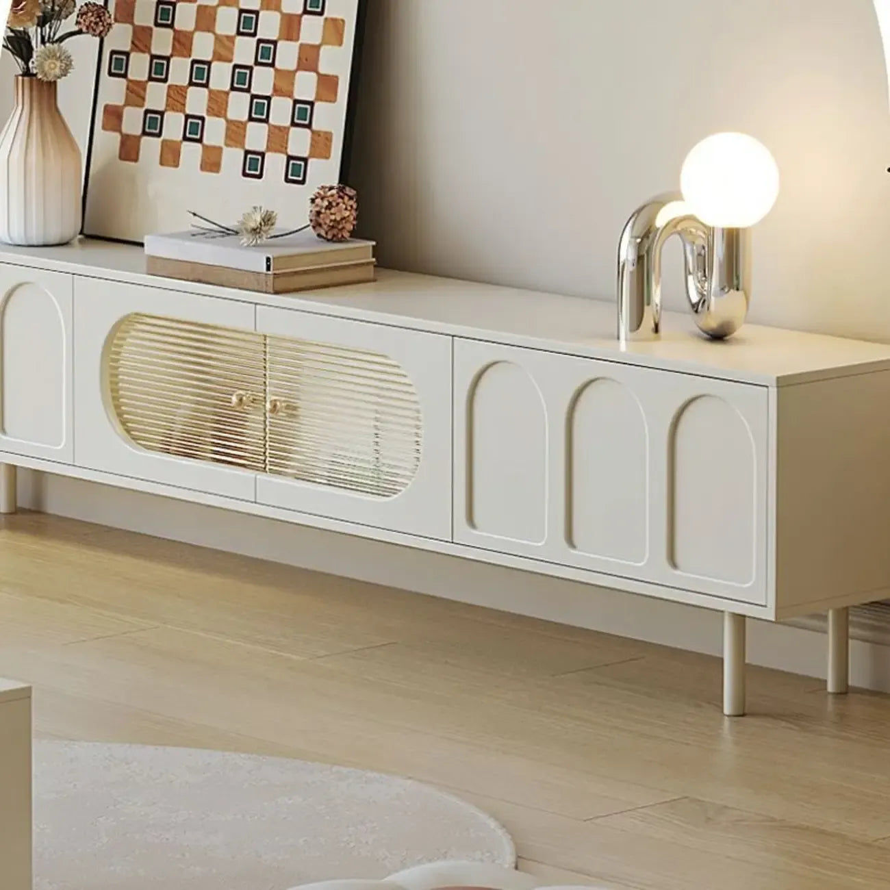 Meuble TV rectangulaire moderne en bois blanc avec rangement